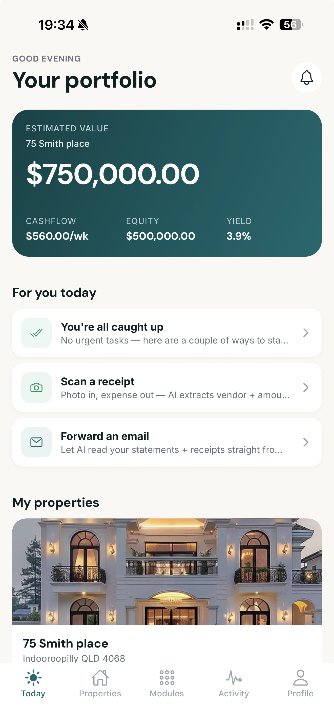 PropAlly app — Your portfolio screen showing estimated value, cashflow, equity, and yield for a Brisbane property
